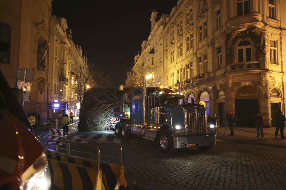 Košatý smrk, který měří 22 metrů, už od rána zdobí Staroměstské náměstí. Takto jej tam převáželi.