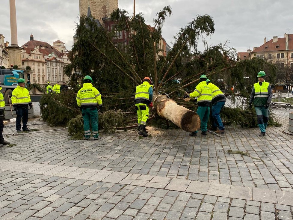 Vánoční strom na Staroměstském náměstí šel k zemi.