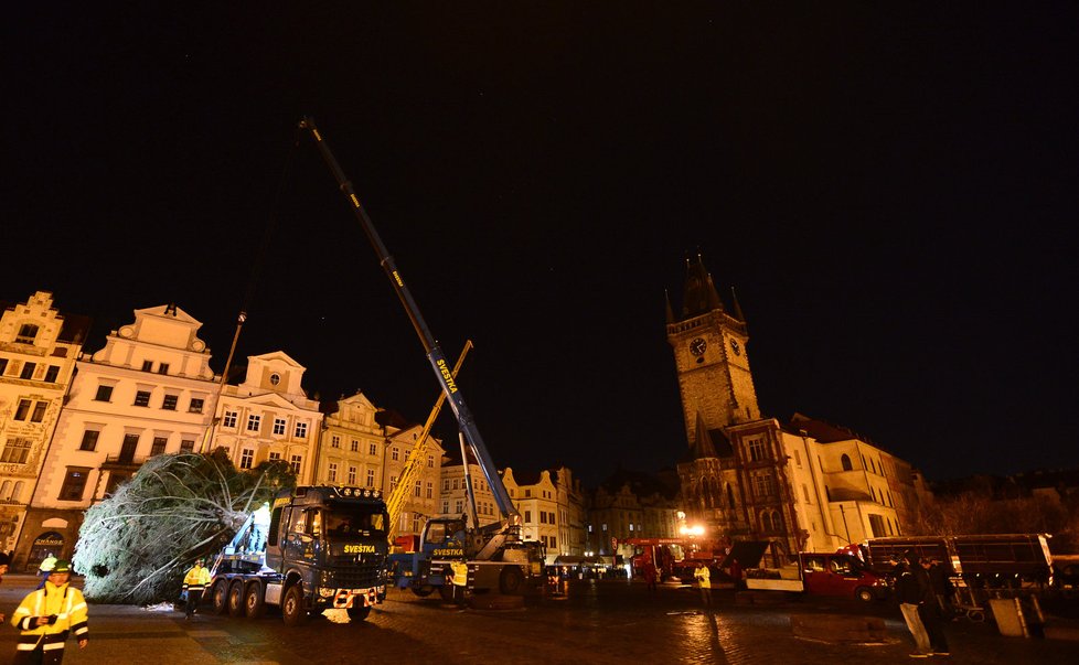 Vánoční strom putoval do Prahy z České Lípy například přes Mělník. Na Staroměstském náměstí stojí od úterý.
