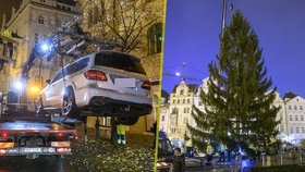Vánoční strom pro staroměstské náměstí už je v Praze na místě. Během zdolání posledních metrů mu muselo jít z cesty několik vozidel.