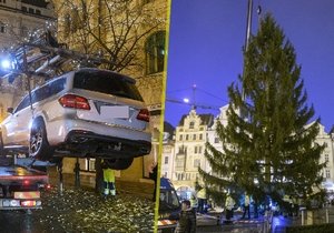 Vánoční strom pro staroměstské náměstí už je v Praze na místě. Během zdolání posledních metrů mu muselo jít z cesty několik vozidel.