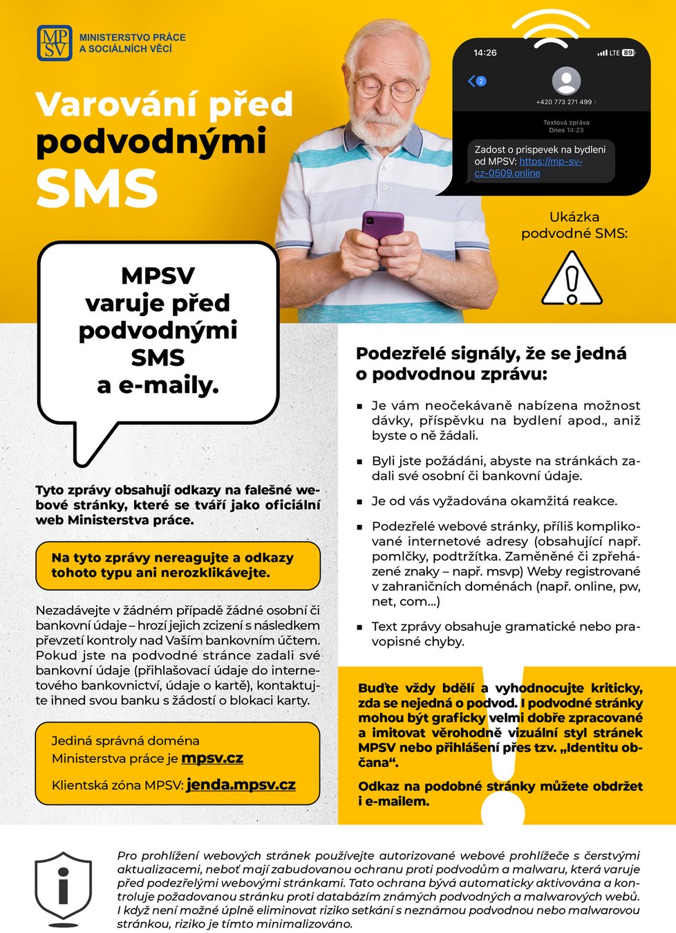 MPSV varuje před falešnými SMS zprávami a e-maily.