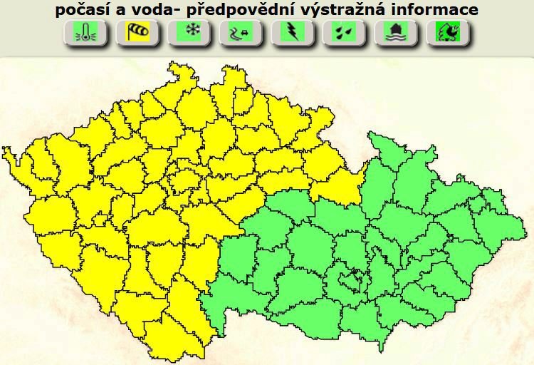 Český hydrometeorologický ústav vydal varování před silným větrem. Ohroženy jsou oblasti zvýrazněné žlutou barvou.