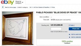 Jedna z Picassových holubic míru má na Ebayi vyvolávací cenu 16 tisíc dolarů, tedy přibližně 324 tisíc korun.
