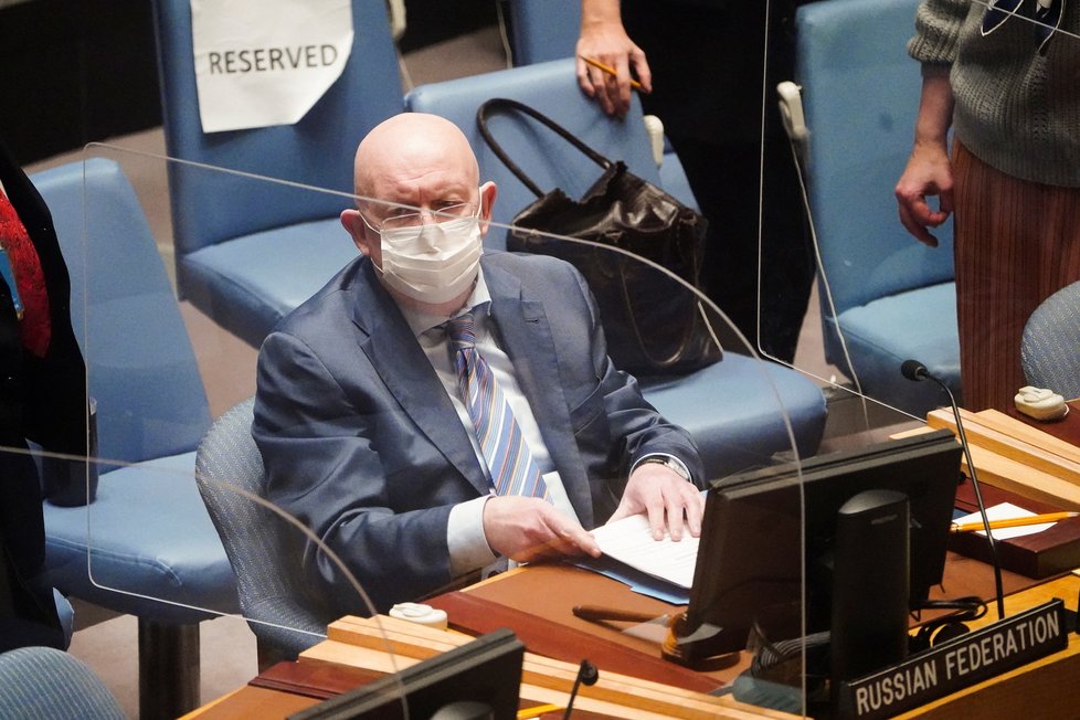 Vasilij Alexejevič Něbenzja, stálý zástupce Ruska při OSN, na Radě bezpečnosti (22.2.2022)