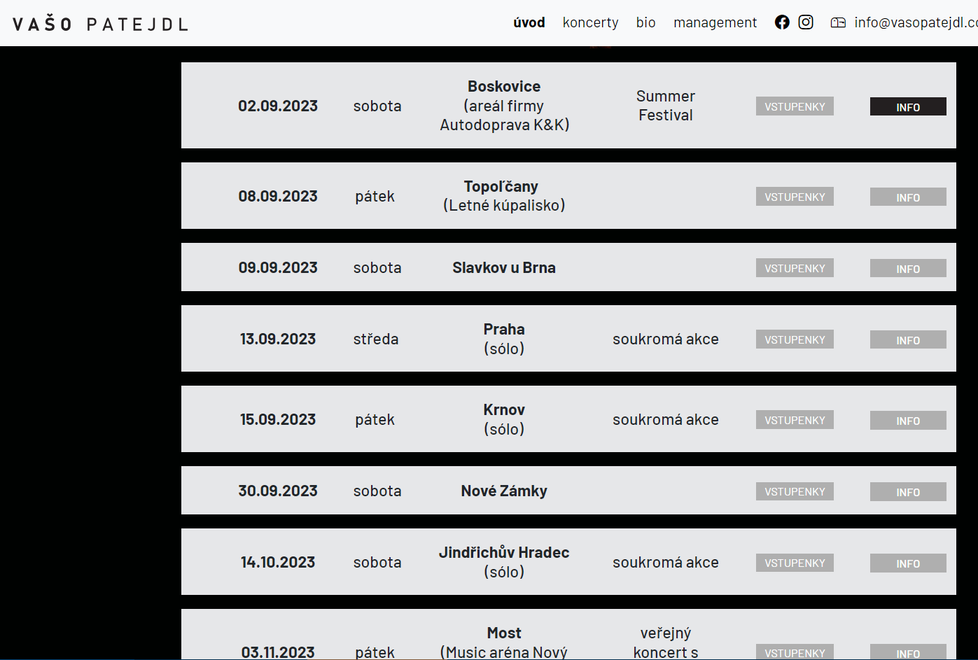 Vašo Patejdl má na svých oficiálních stránkách stále vypsané koncerty až do roku 2025.