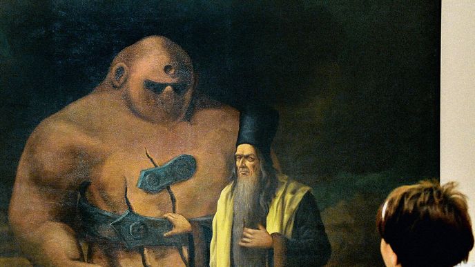 Olej namalovaný pro Fričův film Císařův pekař a pekařův císař zobrazující Maharala s Golemem Olej namalovaný pro Fričův film Císařův pekař a pekařův císař zobrazující Maharala s Golemem