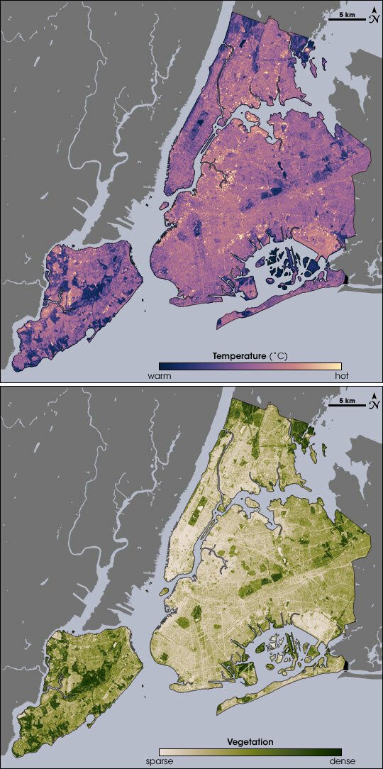 Dvě mapy New Yorku: Kde chybí zeleň, je tepleji.