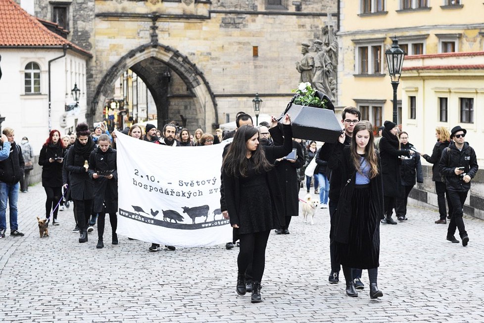 Vegani v Praze uctili památku „obětí zvířecího holokaustu“.