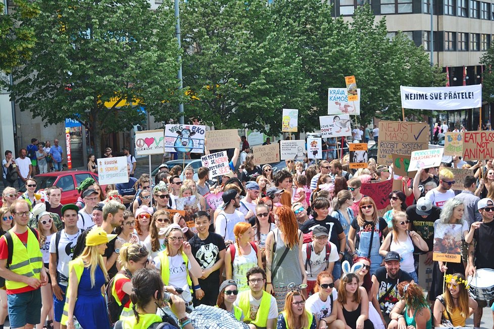 Stovky veganů z celého Česka se sešly na Václaváku. Demonstrativním průvodem bojovali za práva všech zvířat.