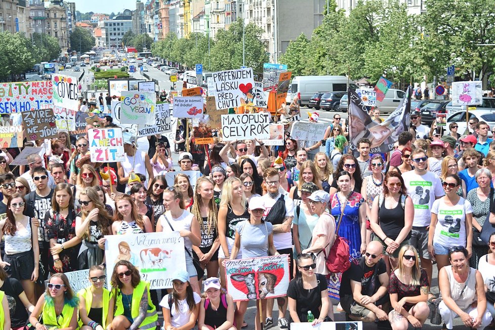 Stovky veganů z celého Česka se sešly na Václaváku. Demonstrativním průvodem bojovali za práva všech zvířat.