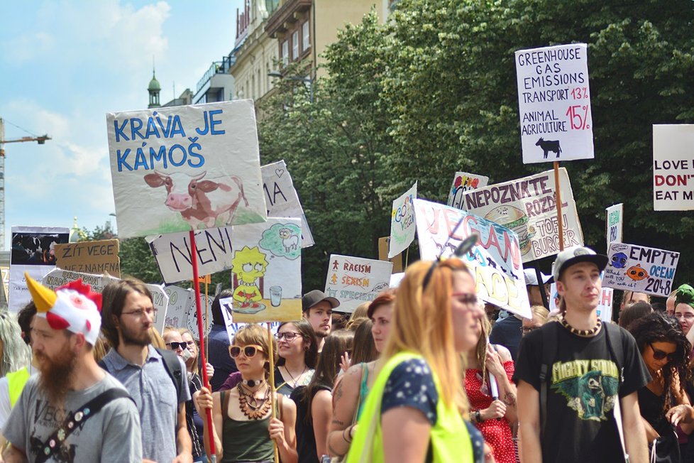 Stovky veganů z celého Česka se sešly na Václaváku. Demonstrativním průvodem bojovali za práva všech zvířat.