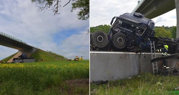 Na Lounsku se zřítil kamion z mostu: Dolů padal 15 metrů! Pro řidiče a těhotnou spolujezdkyni letěl vrtulník