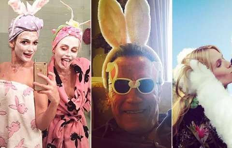 Velikonoční úlety slavných: Heidi Klum líbá zajíce, Schwarzeneggerovi nasadili uši