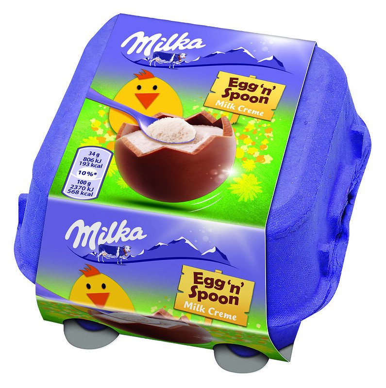 Milka Egg´n´Spoon Milk Creme k dostání v 136g balení. Doporučená cena 104,90 Kč.