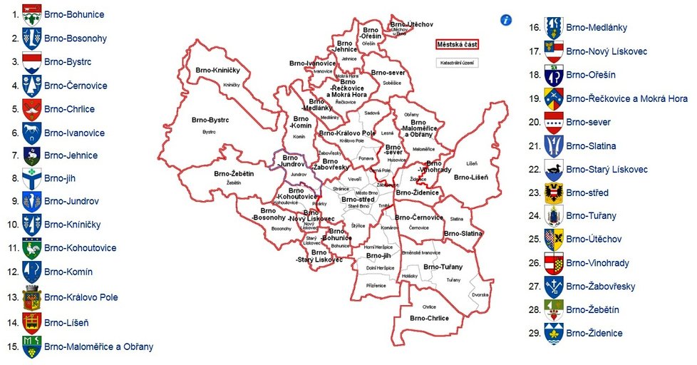 Současná mapa brněnských městských částí.