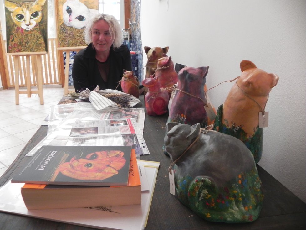 Výtvarnice Romana Štrynclová kočky miluje a maluje.Zároveň řadu svých obrazů draží ve prospěch kočičích útulků.