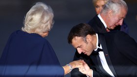 Slavnostní večeře ve Versailles u příležitosti návštěvy krále Karla III. ve Francii: Francouzský prezident Emmanuel Macron a jeho manželka Brigitte Macronová vítají britského krále Charlese a královnu Camillu