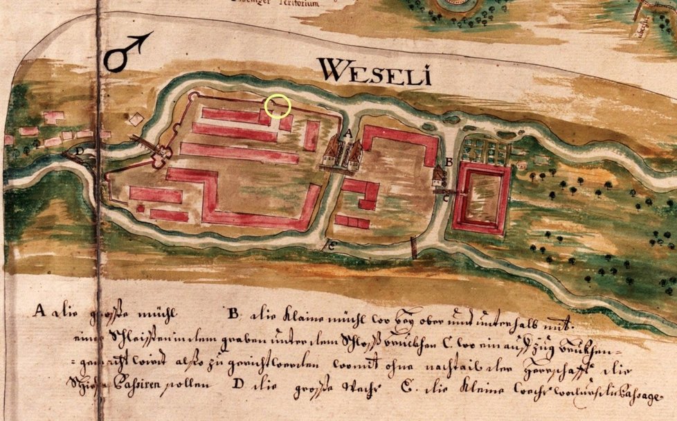 Veselí nad Moravou na mapě dolního toku Moravy z roku 1719. Nově zkoumaný úsek hradby a bašty vyznačen žlutě.