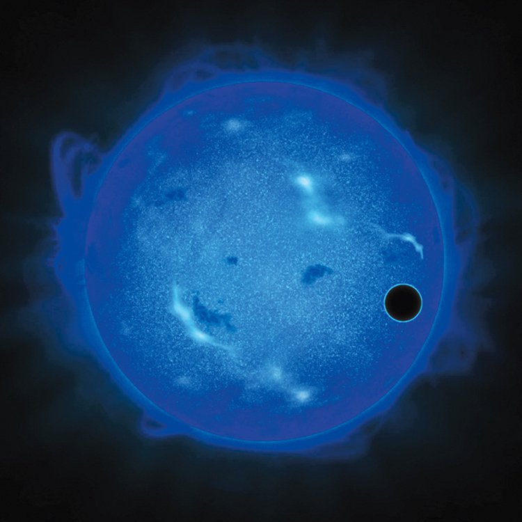 Exoplaneta GJ 1214 b během pře chodu před mateřskou hvězdou (v ultrafialovém  světle)
