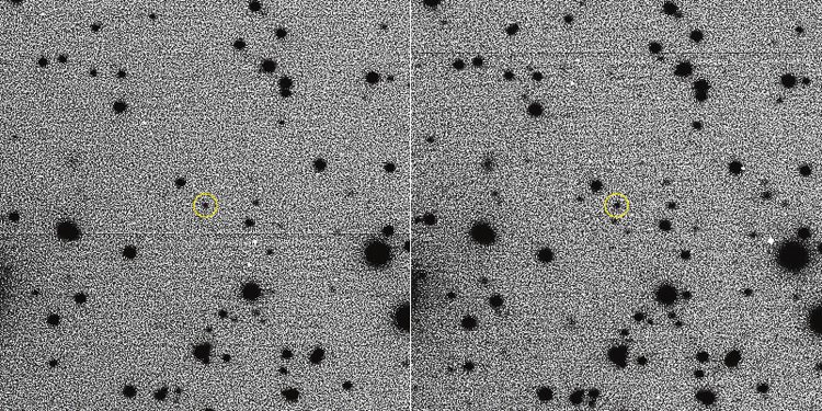 Negativní snímek planetky 2015 BZ509 (ve žlutém kroužku) – obloha je světlá a zářící tělesa naopak tmavá