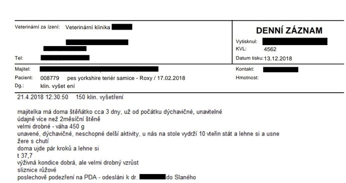 Záznam z veterinárního vyšetření. U zvěrolékaře skončilo štěně hned druhý den po té,co si ho rodina přivezla domů.