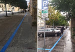 Po rekonstrukci bulváru Veveří v Brně zůstal chodcům sotva metrový chodníček. Za to auta mají vyhrazenou čtyřmetrovou modrou parkovací zónu.