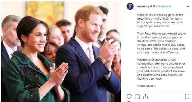 Vévodkyně Meghan a princ Harry poděkovali za dary i jménem miminka.