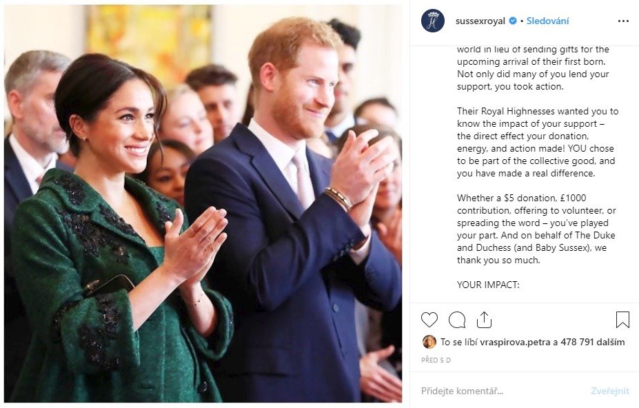 Vévodkyně Meghan a princ Harry poděkovali za dary i jménem miminka