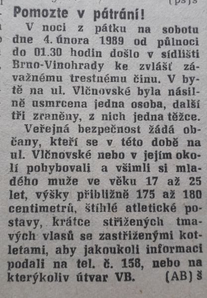 Zpráva v deníku Rovnost 4. února 1989.