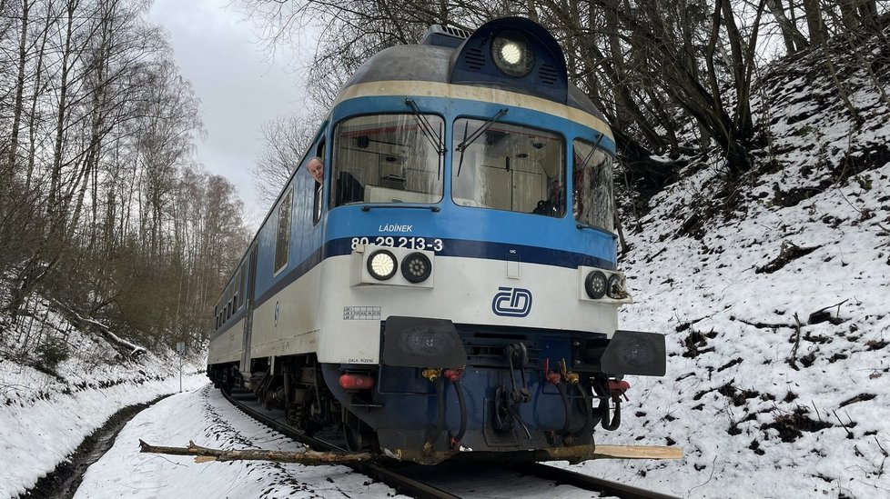 Vichřice v Česku: U Vysokova v Královéhradeckém kraji narazil vlak do spadého stromu (30.1.2022)