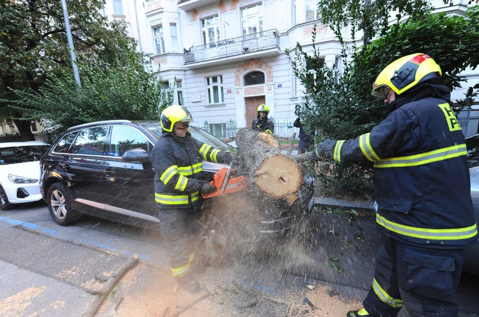 Hasiči zasahovali 30. září 2019 v Ovenecké ulici v Praze, na auto tam vlivem silného větru spadl strom.