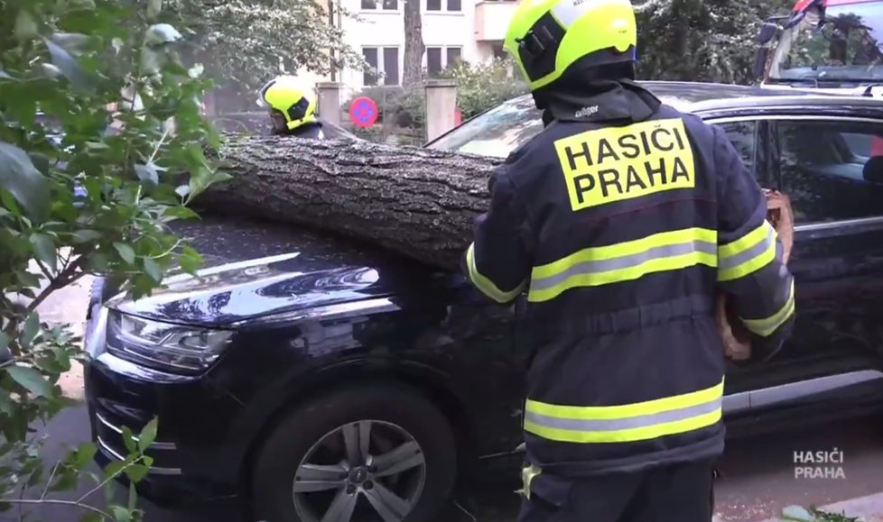 Hasiči zasahovali 30. září 2019 v Ovenecké ulici v Praze, na auto tam vlivem silného větru spadl strom.