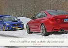 Přetahovaná na sněhu: Je lepší Subaru WRX STI na letních, nebo BMW M4 na zimních gumách?