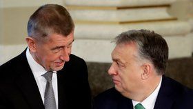 Český premiér Andrej Babiš s maďarským premiérem Viktorem Orbánem během summitu zemí Visegrádské skupiny (V4) a Rakouska v Národním muzeu v Praze. (16. 1. 2020)