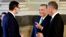 Český premiér Andrej Babiš s maďarským premiérem Viktorem Orbánem a polským premiérem Mateuszem Morawiecki během summitu zemí Visegrádské skupiny (V4) a Rakouska v Národním muzeu v Praze. (16. 1. 2020)