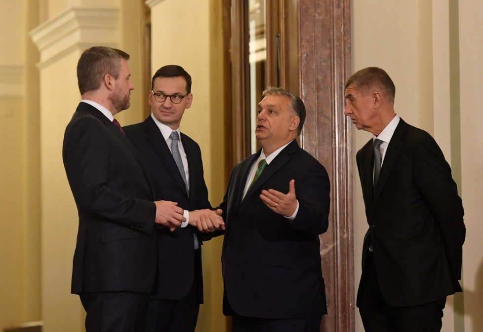 Předsedové vlád V4: zleva Peter Pellegrini (Slovensko), Mateusz Morawiecki (Polsko), Andrej Babiš (ČR) a Viktor Orbán (Maďarsko). (16. 1. 2020)