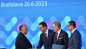 Schůzka premiérů V4: Maďarský premiér Viktor Orbán, český premiér Petr Fiala, slovenský premiér Ľudovít Ódor a polský premiér Mateusz Morawiecki (26.6.2023)