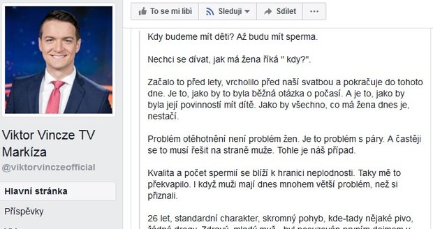 Moderátor Viktor Vincze se přiznal, že nemůže mít děti.
