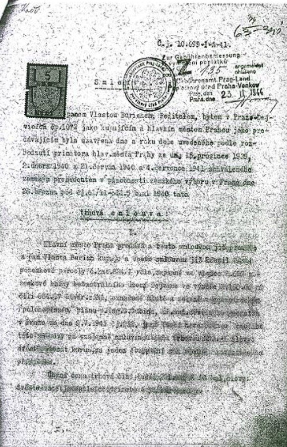 Na základě této smlouvy z roku 1941 získal Vlasta Burian pozemek v pražských Dejvicích. Zaplatil za něj na tu dobu neuvěřitelných 221 042 korun (v dnešních relacích to odpovídá částce 6 963 000 Kč).