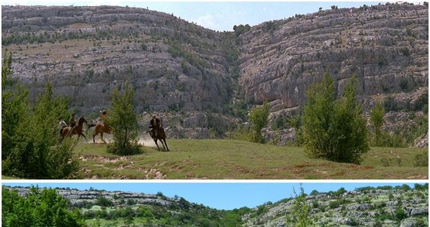 Manolovački slapovi v Národním parku Krka v roce 1963 při natáčení filmu Vinnetou I a stejné místo v roce 2021.