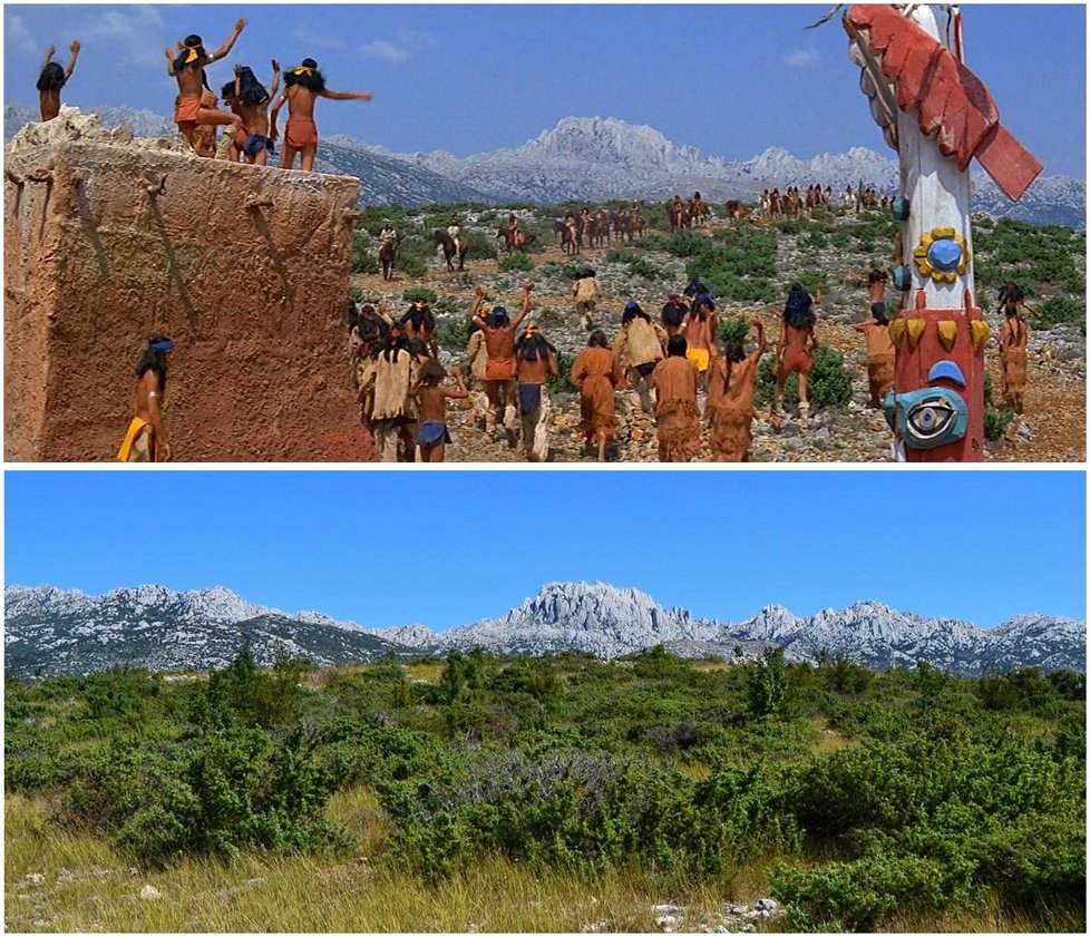 Náhorní planina nad řekou Zrmanjou, tehdy filmové řeky Rio Pecos v roce 1963 při natáčení filmu Vinnetou I a stejné místo v roce 2021.