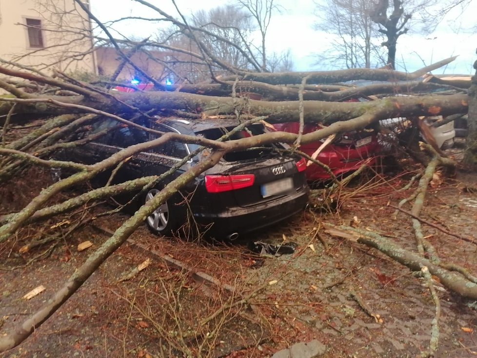 V Mariánských Lázních spadl strom na tři zaparkovaná auta u hotelu.