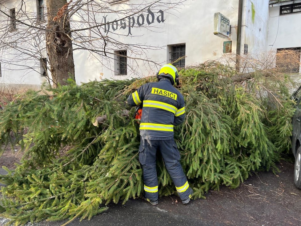 Pražští hasiči odstraňují následky silného větru, který se prohnal republikou (17. únor 2022).