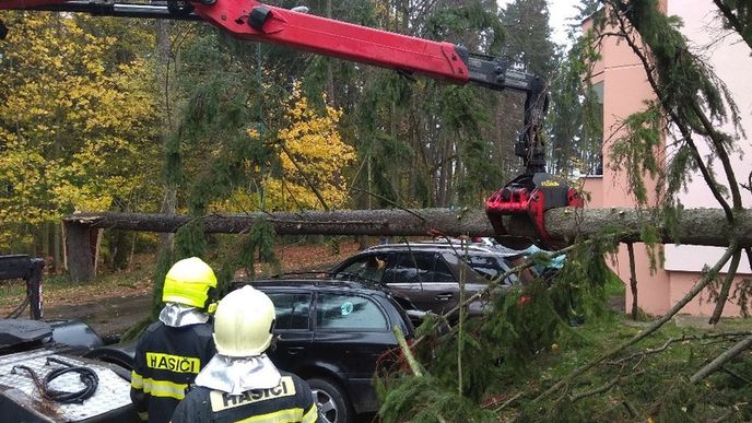 Vichřice v Česku: Na Vysočině padaly na zaparkovaná auta stromy i kusy střech