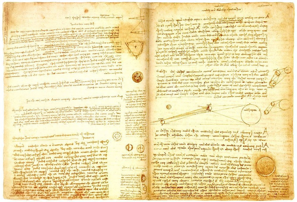 Slavná Leonardova kresba Vitruvianského muže pochází z Leicesterského kodexu. Na snímku stránka z kodexu