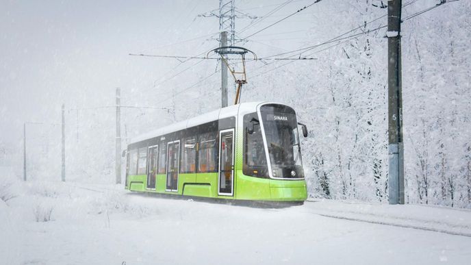 Vizualizace tramvaje společnosti Škoda-Sinara. Česká společnosti se jejich nasazení nakonec nedočká. Od nynějška tramvaje bude Sinara tyto tramvaje vyvíjet a vyrábět bez ní.