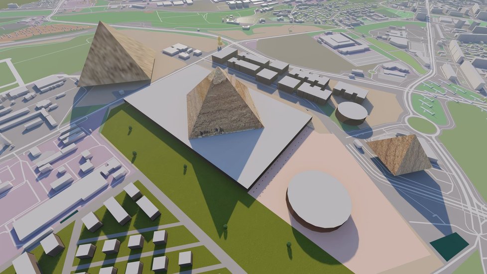 Parodická vizualizace vládní čtvrti v Letňanech v porovnání s egyptskými pyramidami.