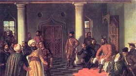 Vlad Napichovač, nebo také Narážeč, vítá turecké poselstvo. Legenda říká, že když Osmané odmítli smeknout své turbany, Vlad jim je nechal přibít k hlavám.