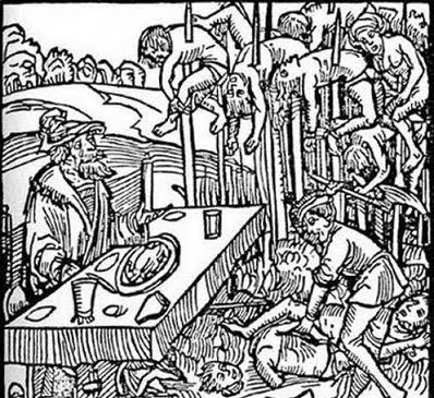 Německá rytina z roku 1499 ukazuje Vlada hodujícího mezi napíchanými oběťmi.